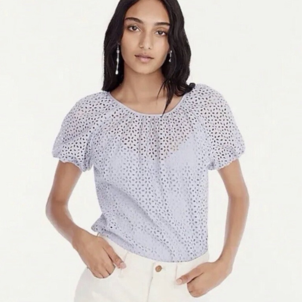J Crew Lavender Eyelet Embroidered Puff Sleeve Top